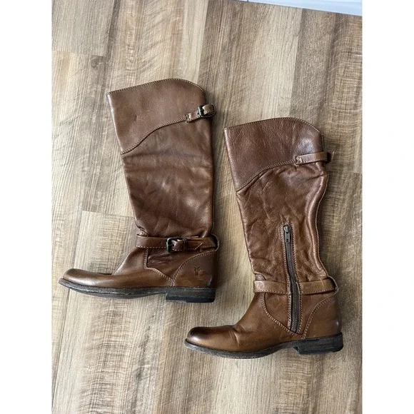 Frye Riding Boots Womens 7.5 B Brown Leather Knee High Side Zip Buckle 4001 - Picture 2 of 8